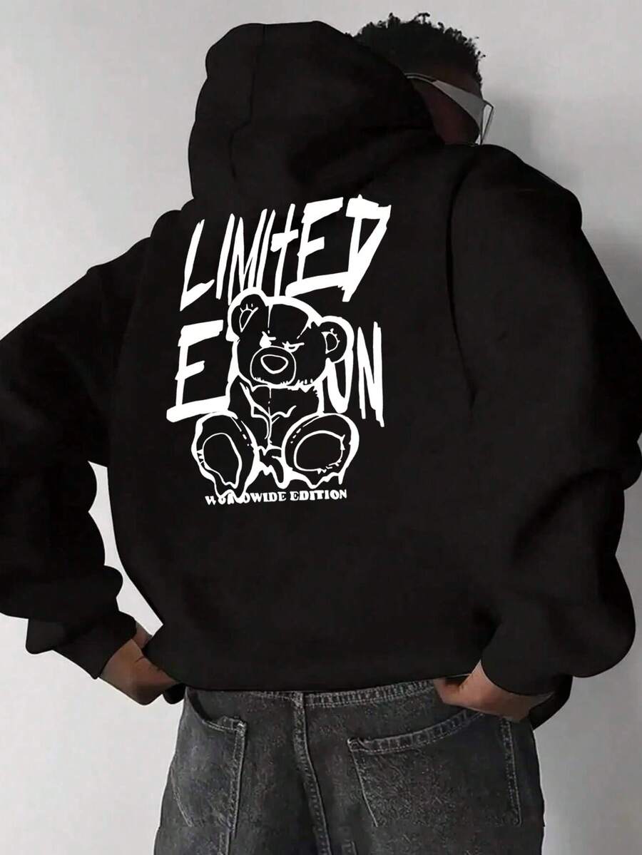 Sudadera con capucha casual y versátil para hombres con bolsillo canguro, cordón y estampado de letras y oso de dibujos animados, para otoño/invierno - Negro - Ver 1