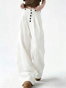 Women's Y2K Style White High Waisted Wide Leg Pants Button Front Pleated Casual Streetwear Going Out Trousers - White - View 3