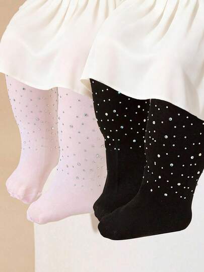 2 Pairs Girls' Socks, Black & White Fashionable Diamond Hollow Pattern Socks, Thin Mesh Diamond Net Socks For Summer, And Girls' Tights