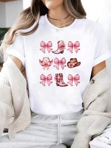 100% Cotton Unisex 1pcs - Coquette Pink Bow Cowgirl Boots And Hats T-Shirt - Women's Casual Short Sleeve Top For Spring & Summer, Women Graphic T-Shirts 230g - 白色 - 查看 6