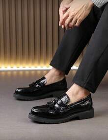 Men's Personalized Dress Loafers - Slip-On Fringe Patent Leather Elevator Dress Shoes For Teens, Hairstylists & Casual Fashion - 黑色 - 查看 6
