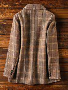 Chaqueta de blazer de lana a cuadros vintage para mujer, con solapa de abotonadura sencilla y manga larga para la oficina y el transporte - Granate - Ver 3