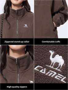 CAMEL CROWN جاكيت نسائية رياضية دافئة بسحاب نصفي، تصميم ياقة عالية، بطانة من الفليس، جاكيت - البني الفرنسي - مشاهدة 5