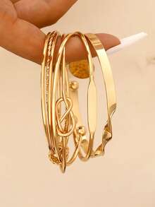 1 Set 12pcs Fashion Minimalist Elegant Exquisite Vintage Design Multi-Layer Stackable Old Money Style Geometric Ribbon Heart Face Embossed Texture Twisted Bead Cross Braided Disc Smooth Minimalist Plain Metal Bangle Bracelet Set For Holiday Vacation Party Date Gift Daily Commute Wear (Randomly Shipped) - Yellow Gold - View 7