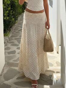 Women's Polka Dot Maxi Skirt Shirred Ruffle Textured Long Skirt High Waisted Boho Flowy Maxi Long Skirts Going Out - Ivory - View 4