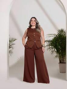 Plus Size Fashion Women's Tailored Set Vest + Pants Casual Fashion/With Special Buttons/Formal Work Blazer With Solid And Elegant Front Button Women's Tank Top/Elegant And Stylish Two-Piece Women's Suit With Front Buttons/Elegant/Sophisticated With Faux Pockets/With Buttons/Blogger/Fashion/National Shipping 2025 - 咖啡棕 - 查看 3
