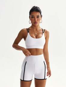 2pcs Women Solid Color Crisscross Cami Bra And High Waist Shorts Set, Casual Sports Fitness Outfit - Black and White - View 5