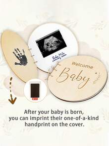 2件装 - 木质婴儿洗澡签到簿（中性设计），婴儿成长里程碑洗澡签到簿，附赠脚印印泥 - 复古签名系列，送给新手父母和准妈妈的贴心礼物 - 彩色 - 查看 5