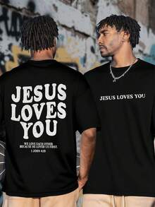 Men's Graphic T-Shirts, JESUS LOVES YOU Christian Religious Faith Jesus Tees Casual Fashion Short-Sleeved Tops, Christian Streetwear - màu đen - Xem 1
