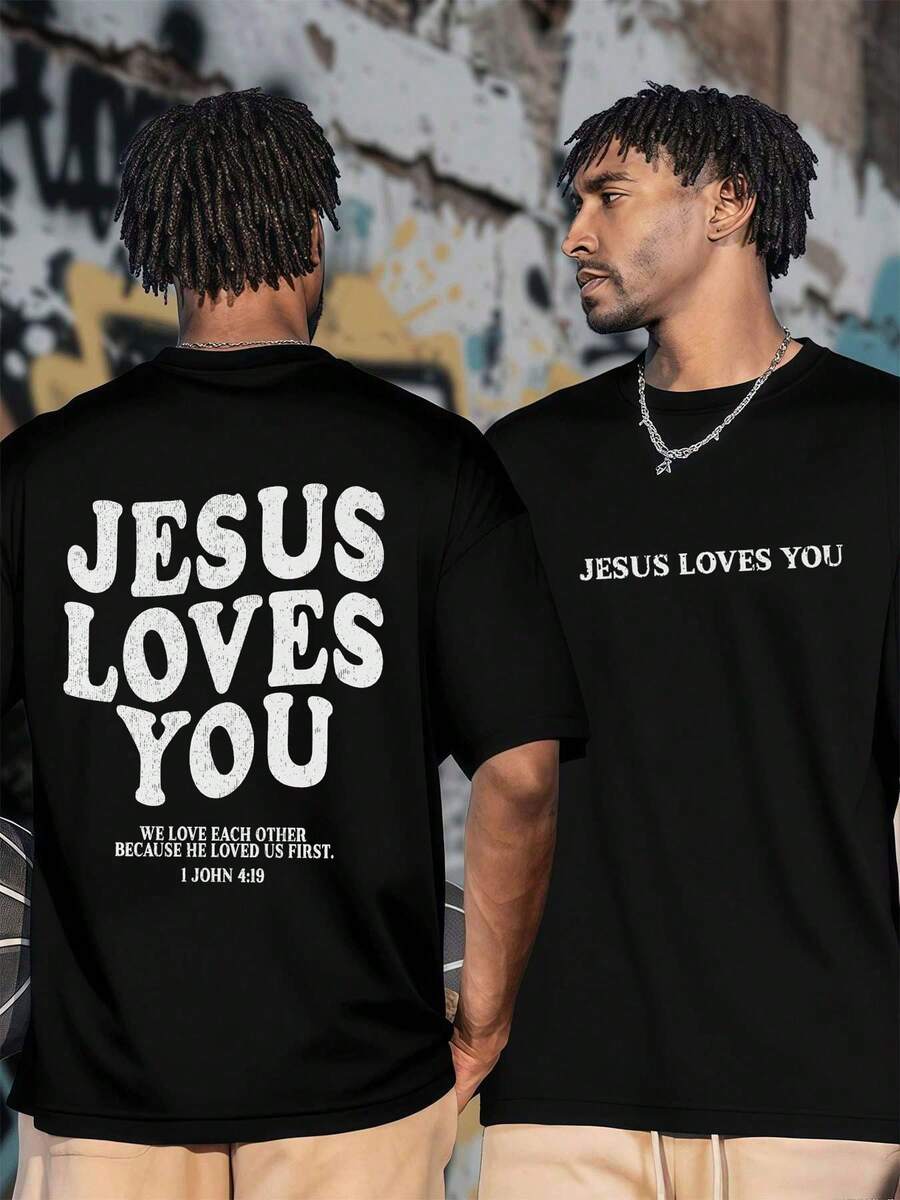 Men's Graphic T-Shirts, JESUS LOVES YOU Christian Religious Faith Jesus Tees Casual Fashion Short-Sleeved Tops, Christian Streetwear - màu đen - Xem 1