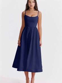 Gaun Pesta Elegan Musim Panas Wanita Ukuran Plus Warna Polos Seksi Leher U dengan Pinggang Berkerut - Navy Blue - View 7