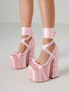 Mary Jane Sweet Lolita Platform Chunky High Heels Pumps For Women Fashion Ballet Cosplay Anime Satin Lace Bow Ribbon Y2K Punk Goth Hot Lovely Gir Baroque Shoes Woman - Hồng - Xem 7
