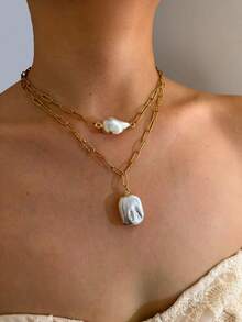 1pc Fashionable Versatile Asymmetrical Baroque Style Pendant Stainless Steel Necklace For Women - Necklace - View 2