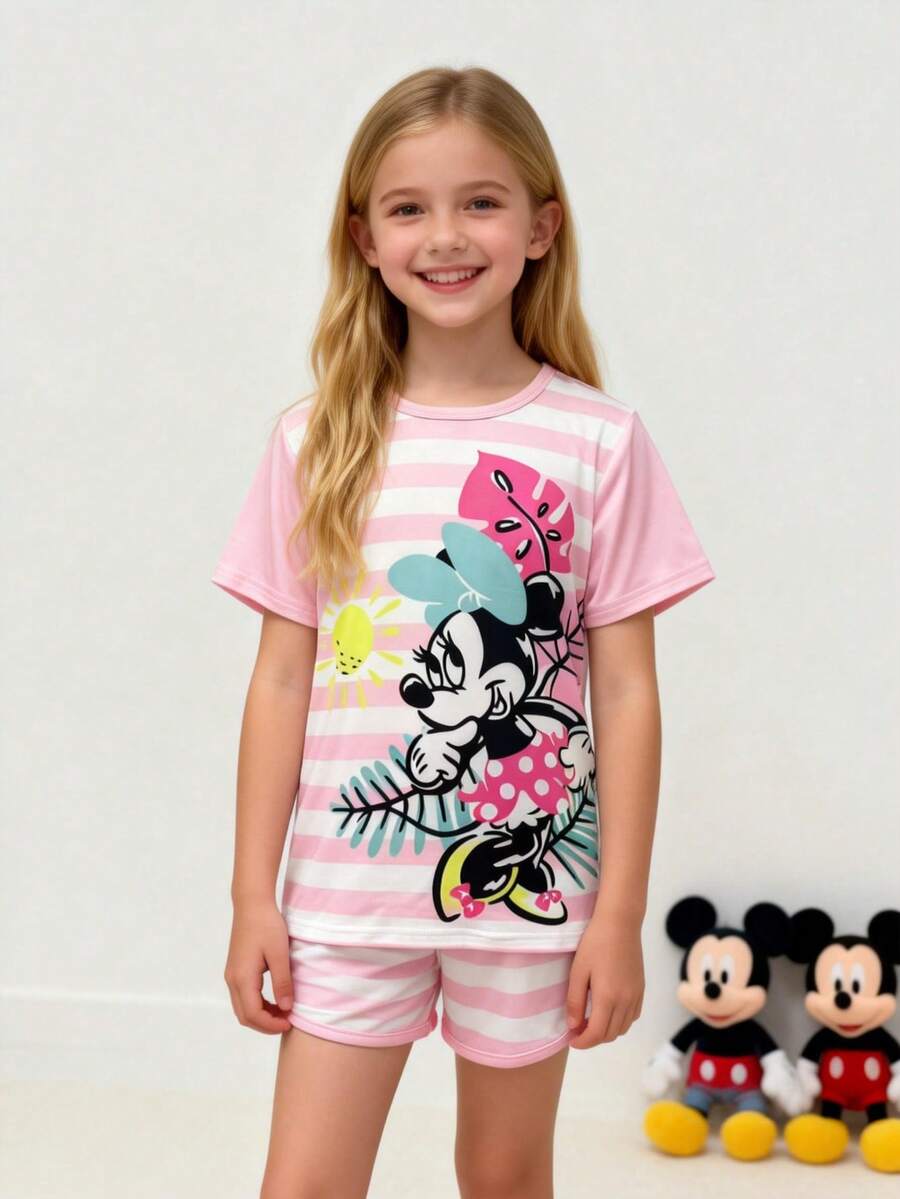 Disney 2pcs/Set Girls Elegant Minnie Mouse Striped Cartoon Print Short Sleeve T-Shirt And Sports Shorts, Cute Versatile Comfortable Girls Outfit, Suitable For Daily Casual, Outing, Vacation, Beach, Party, Birthday, Gift - Pink - View 1