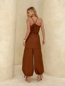 Women's Loose-Fitting Jumpsuit, Wide-Leg  Style, Jogger Style With Thin Straps And A Bow Tie - Comfortable And Elegant - 鏽棕色 - 查看 6
