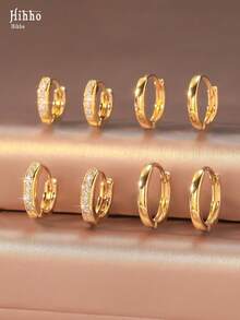 Hihho 8pcs Gold Tone Hoop Earrings With Cubic Zirconia, Minimalist Luxury Style Suitable For Daily Commute, Full Ear Stacking, Work Outfit, Light Social Occasions, Holiday Gifts - Earrings - View 2