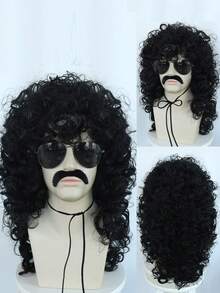 70s And 80s Men's Medium To Long Black Curly Hair Wig, With Beard Glasses, Rock Carnival Costume, Cosplay, And Curly Hair Wig - Black - View 3