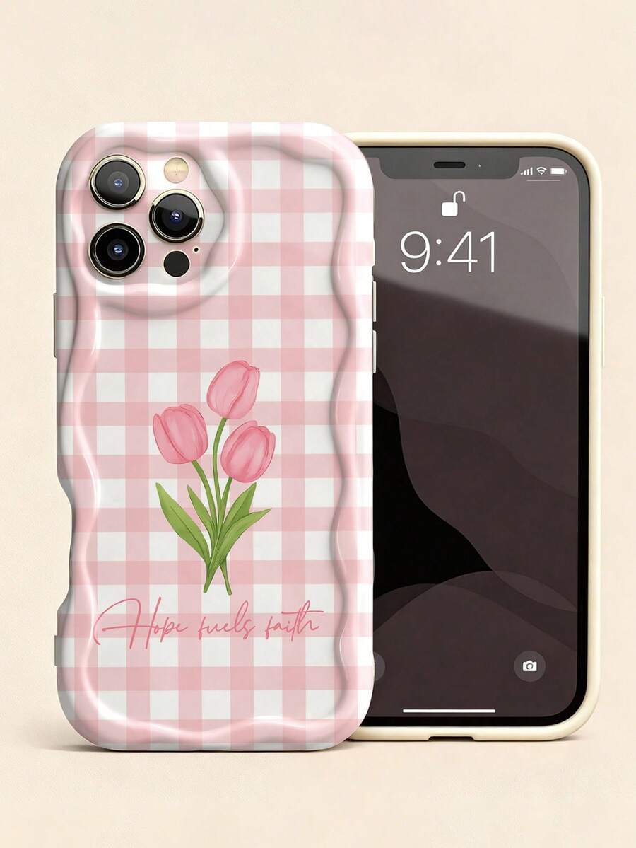 1pc Minimalist Pastoral Style Tulip Flower & Religious Slogan Pattern Asymmetrical Wavy Edge Soft Phone Case, Compatible With IPhone 11/12/13/14/15/16/17 Pro Max - Multicolor - View 1