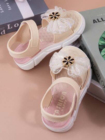 Girls' Floral Bow Decor Princess Sandals, Comfortable Versatile Summer Beach Shoes
