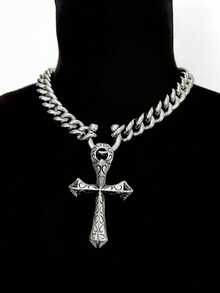 1件经典十字架朋克金属银色项链吊坠，适合派对、音乐节、日常佩戴、送礼 - 銀色 - 查看 1