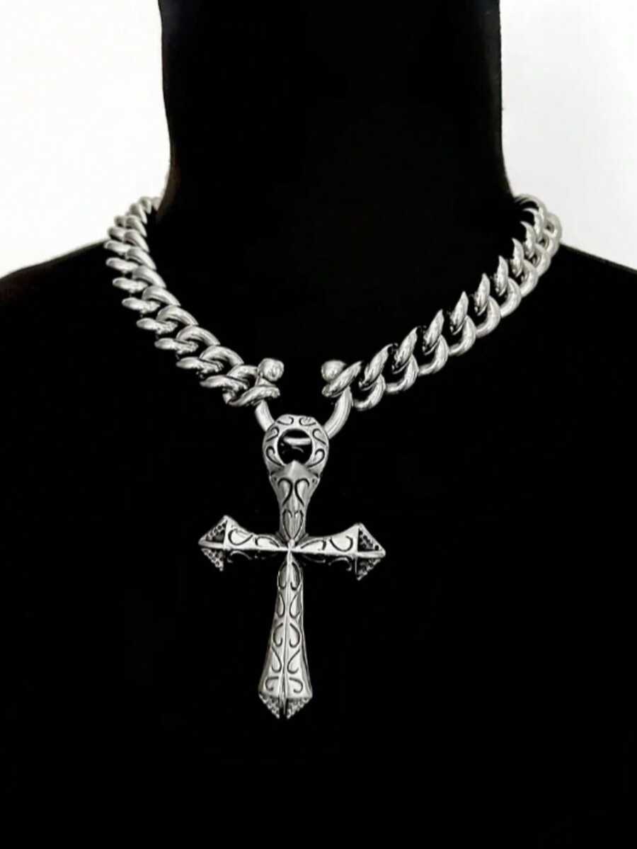 1件经典十字架朋克金属银色项链吊坠，适合派对、音乐节、日常佩戴、送礼 - 銀色 - 查看 1