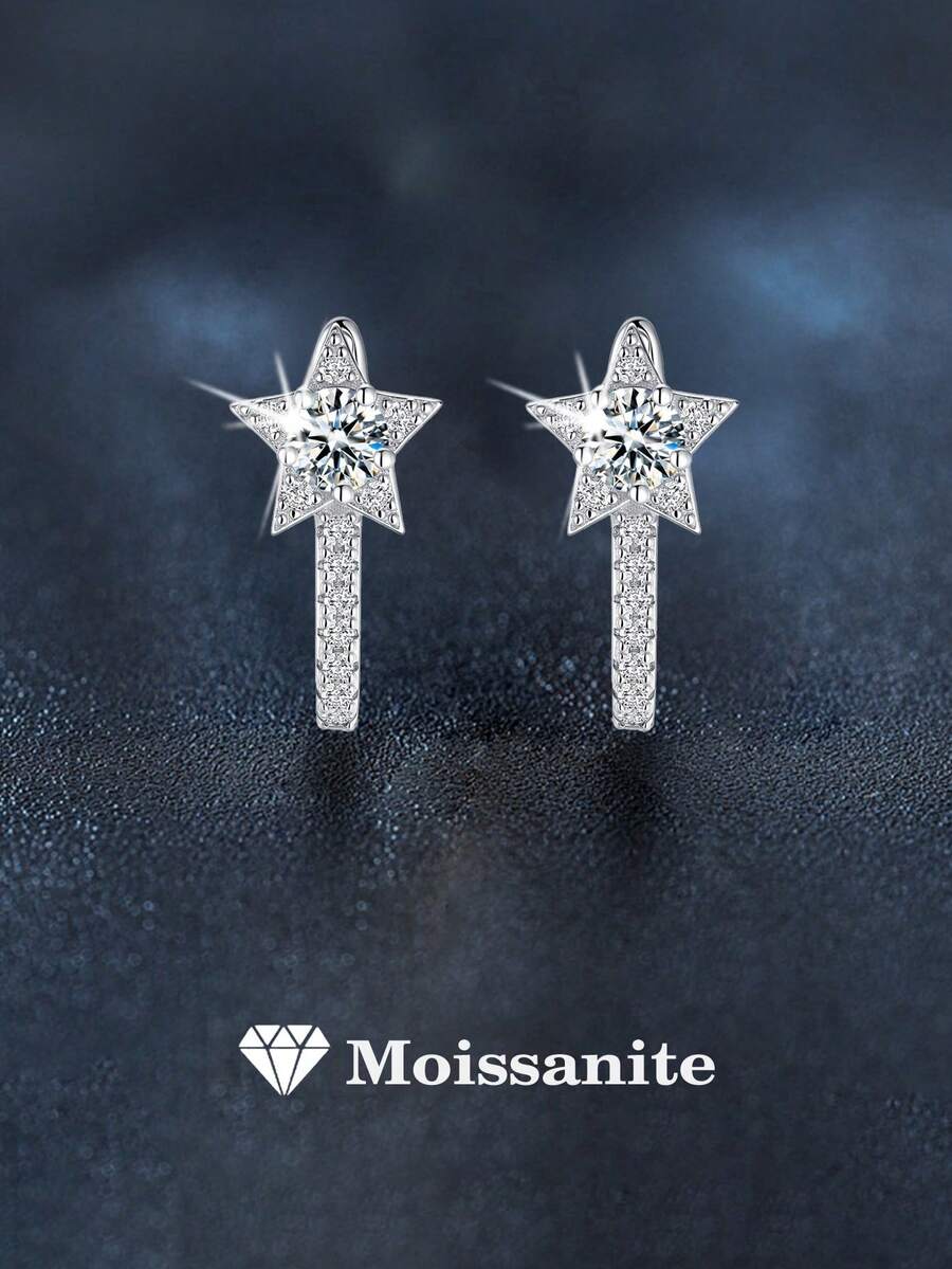 2只装奢华925纯银0.5克拉莫桑石U形星形耳环，适合女性日常佩戴、派对、节日、母亲节、结婚纪念日、生日等场合，闪亮珠宝礼品。 - 銀色 - 查看 1