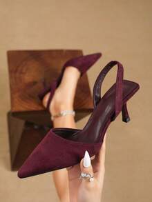 Tacones de aguja minimalistas de punta fina con tira de tobillo, sandalias de ante, sandalias de tacón alto de ante sintético color burdeos, zapatos de boda burdeos, tacones altos burdeos, zapatos burdeos, mules, zapatos de fiesta de tacón de charol sexy - Burdeos - Ver 3