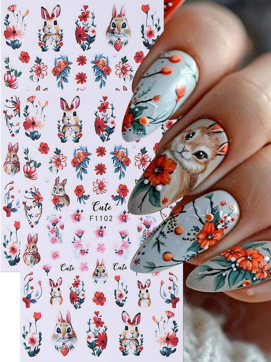 2pcs Easter Theme 3D Nail Art Stickers, Rabbit, Red Flower Petals, Cute Design 3D Self-Adhesive Nail Art Decorations, Nail Art Accessories For Women Nails - Multicolor - View 1