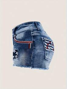 Plus-Size Women's High-Waisted Denim Shorts, Featuring Fashionable Back Pocket Embroidery With Frayed Edges, Suitable For Campus, Daily Wear, And Washable Stretchy Plus-Size Women's Skinny Jeans. - 中等水洗藍 - 查看 5