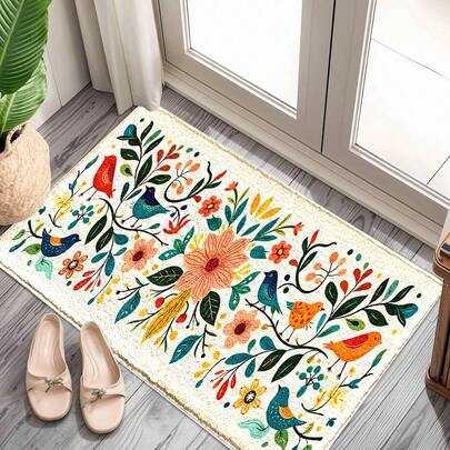 1pc Spring/Summer Series Lavender Floral, Colorful Birdhouse, Floral & Bright Bird Print Faux Wool TPR Bottom Doormat, Bathroom Mat, Kitchen Mat, Laundry Room Mat, Holiday Decor, Home Decor, Party Decor, Wedding Decor, Kitchen Decor