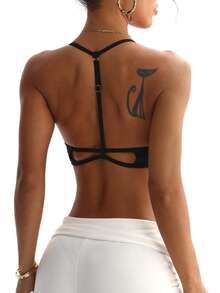 Women's Solid Color Removable Padded Mesh Patchwork Sports Knit Bra - Black - View 2