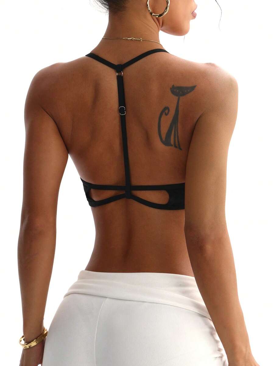 Women's Solid Color Removable Padded Mesh Patchwork Sports Knit Bra - Black - View 1