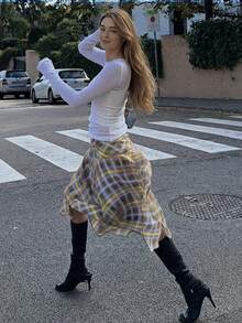 女士复古休闲撞色格纹高腰不对称下摆半身裙，优雅休闲百搭春夏裙 - 彩色 - 查看 4