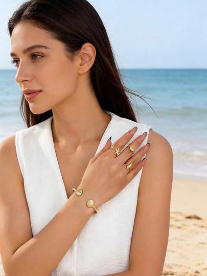 4pcs Beach Vacation Style Metal Geometric Starfish Shell Bracelet & Ring Set For Women