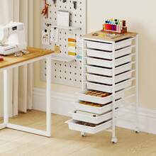 10-Drawer Rolling Storage Cart - Mobile Art Supply Craft Organizer On Wheels W/Wooden Tabletop & Metal Frame, Utility Storage Cart For Home Living Room Office Classroom (White, 33.5"H) - 白色 - 查看 2