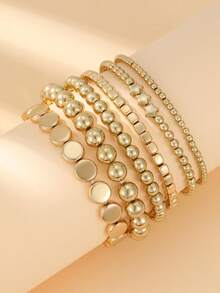 Set de 6 piezas de pulsera con cuentas geométricas cuadradas, redondas y con colgante de estrella de CCB de estilo minimalista y moderno, adecuado para uso diario, casual, vacaciones, Ramadán y como regalo de cumpleaños - Dorado - Ver 3