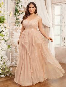 Plus Size Deep V-Neck Sequin Lace Contrast Mesh Ruffle Hem Elegant Evening Party Long Dress, Wedding Guest Dress, For Homecoming, Graduation - Champagne - View 6