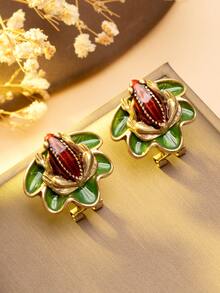 1 Pair New Chinese Style Lotus Pond Frog Earrings, Enamel Lotus Leaf Retro Luxury Personalized Earrings For Women - Multicolor - View 4
