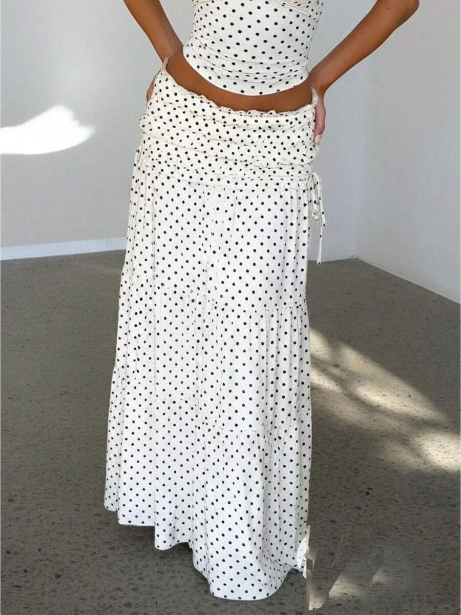 Women's Polka Dot Maxi Skirt Shirred Ruffle Textured Long Skirt High Waisted Boho Flowy Maxi Long Skirts Going Out - Ivory - View 1