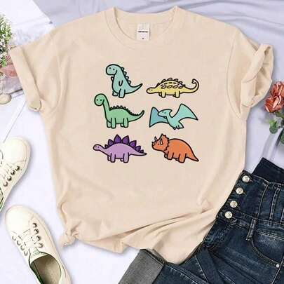 Camiseta Feminina Estampada Dino 100% Algodão Premium Camisa Streetwear Oversized T-shirt Casual Blusa Desenho de Dinossauros