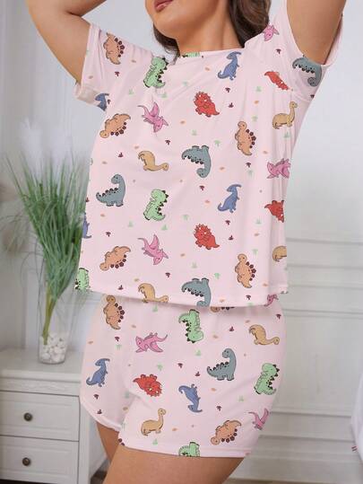 2pcs Cute Dinosaur Family & Grass Print Pajama Set, Comfortable Short Sleeve Round Neck Pullover Shirt And Elastic Waist Shorts, Stylish For Outdoor And Indoor Wear, Suitable For All Seasons