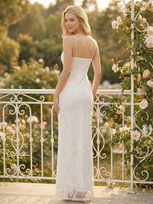 Đầm dự tiệc cưới màu trắng, thêu đính cườm, lưng chéo, dây mảnh, ôm sát, màu trắng, kiểu dáng hở vai, dây spaghetti, thích hợp cho mùa xuân. - trắng - Xem 2