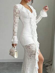 Vestido largo con volantes de encaje blanco para mujer, corte entallado con abertura alta, vestido formal adecuado para fiestas elegantes y noches de citas románticas. - Blanco - Ver 6