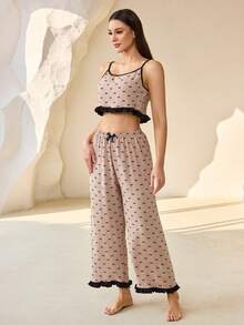 Conjunto de camiseta de tirantes con volantes y pantalones con dobladillo de volantes de color contrastante para mujer, camiseta sin mangas y pantalones de estar en casa, adecuado para primavera, verano y otoño - Caqui - Ver 6