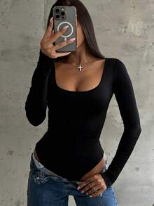 Dila Polly 女士纯色圆领长袖休闲连体衣，修身圆领纽扣连体衣，适合周末外出和约会的百搭休闲连体衣，春季女装 - 黑色 - 查看 5