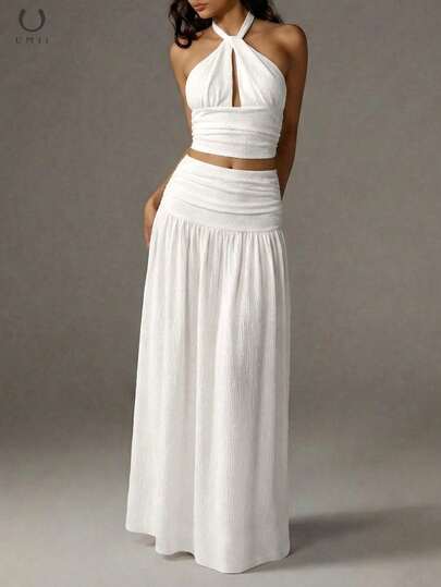 Women's White Two Pieces Camisole Outfit, Textured Fabric Crop Top With Front Twist Design Paired With Pleated Long Skirt, Elegant Summer Beach Vacation & Party Wear Summer Outfits Party Outfit Beach Outfits Forwomen Elegantwomen's Set Coords For Women Casual Classy Vacation Outfits Women Beach Vacation Outfits For Women Formal Attire Forwomen