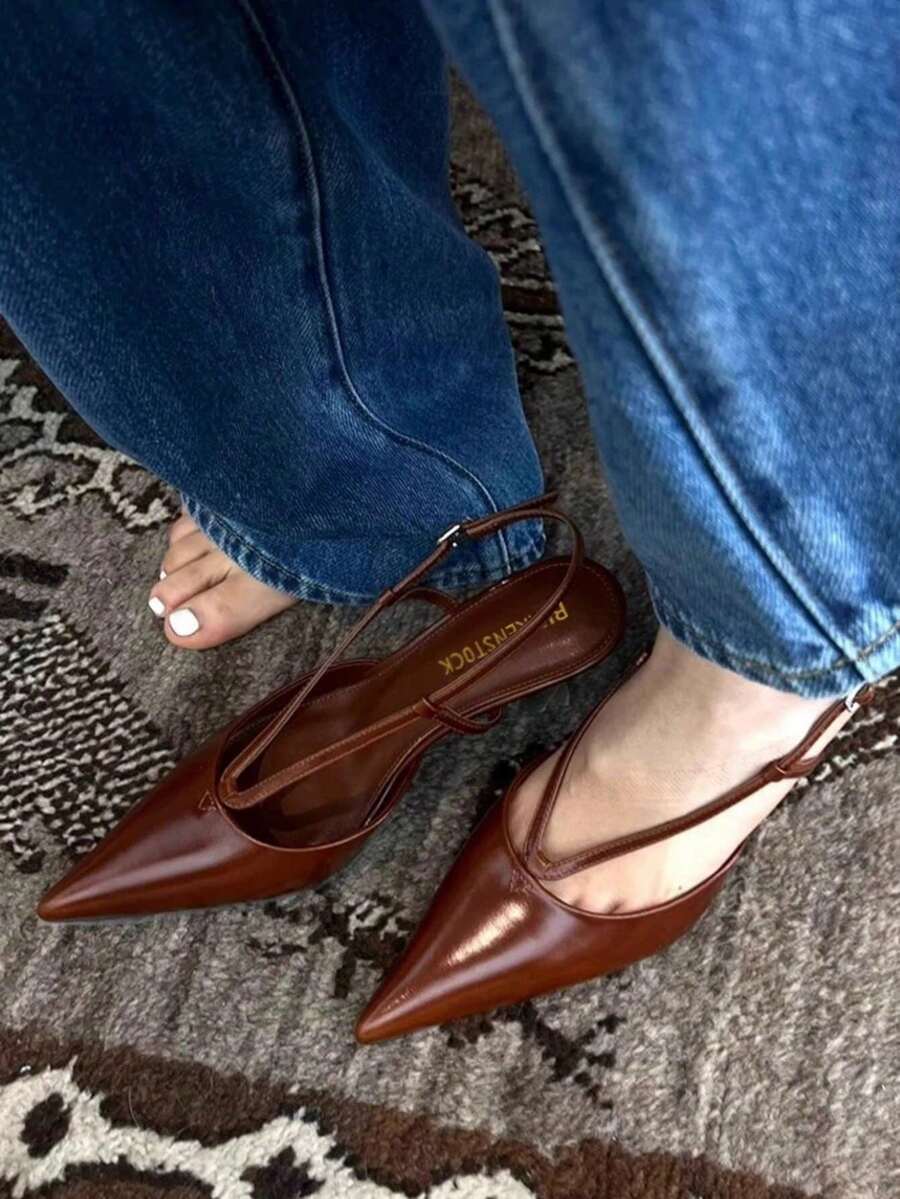 女士尖头凉鞋 - 舒适低跟，夏季PU鞋面搭配橡胶鞋底，百搭黑色休闲正装鞋款，厚底设计，优雅廓形，轻便，适合办公穿着，猫跟