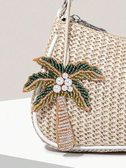 Minimalist Fashion Resort Bag Charm, Contrast Color Bead Imitation Coconut Tree Pendant, Exquisite Mini Size, Eye-Catching Decor, Unique Design, Versatile Daily Wear, Suitable For Beach Resort Outfit And Bag Matching, Beads Inlaid With Pearls, Handmade