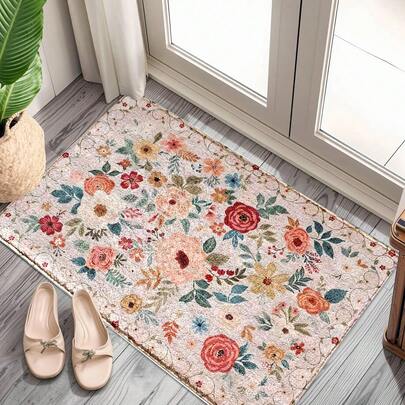 1pc Spring/Summer Series Colorful Wild Flower Field With Snapdragon, Daisy And More, Butterfly Flying Over Floral Print Faux Wool TPR Bottom Doormat, Bathroom Mat, Kitchen Mat, Laundry Room Mat, Holiday Decor, Home Decor, Party Decor, Wedding Decor, Dining Room Decor