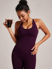 VUTRU 1pc Adjustable Strap Sports Bra With Padded Shelf Cami Racerback Yoga Fitness Bra - Bold Plum - View 4